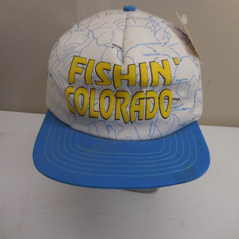 Vintage Fishin Colorado Snapback Hat Map‎ Print Blue White Trucker Cap USA Made